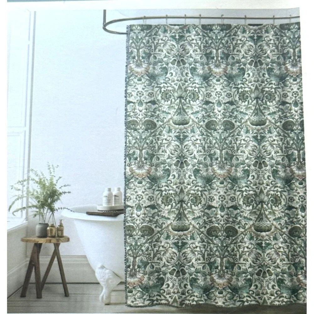 William Morris Co Lodden Shower Curtain Sage Green Teal 100% Cotton Gauze Floral